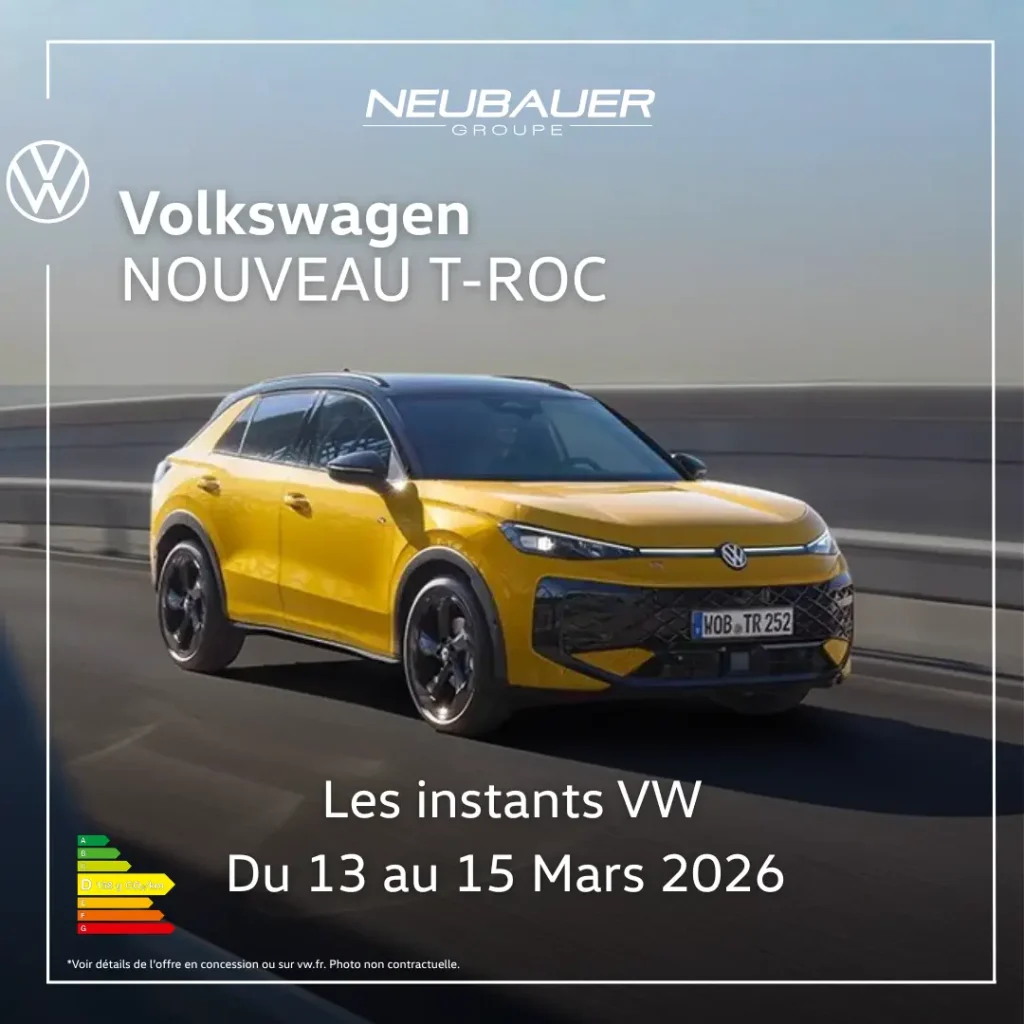 Volkswagen T-Roc jaune exposée lors des Instants VW Saint-Denis du 13 au 15 mars chez NEUBAUER, portes ouvertes et essais disponibles