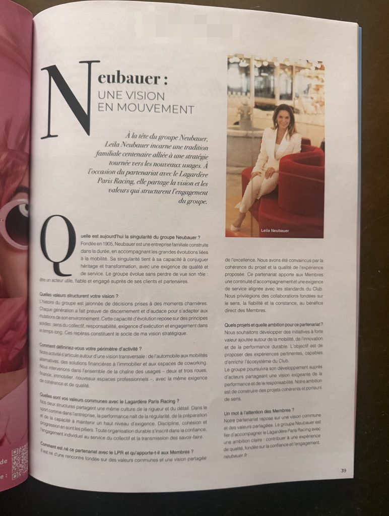 Leila Neubauer dans le magazine Lagardère Paris Racing évoque le partenariat Neubauer Lagardère Paris